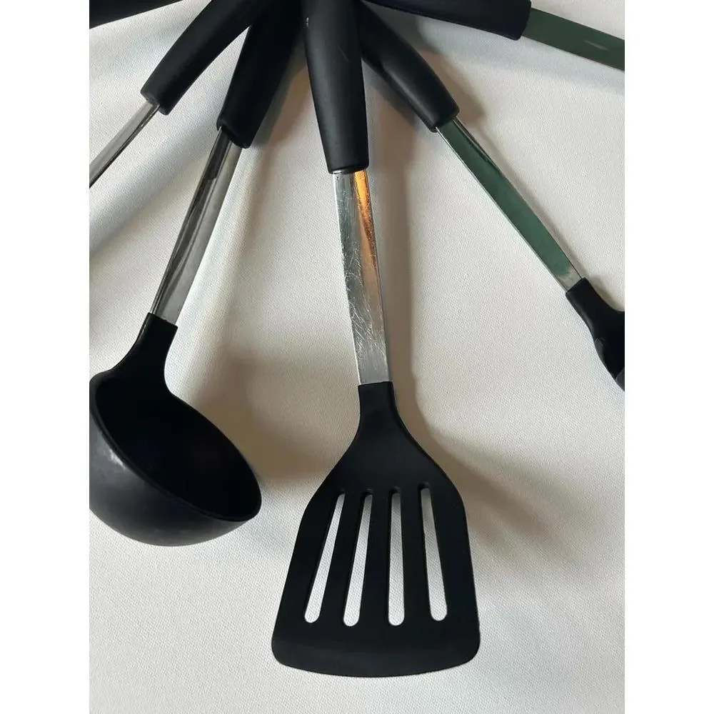 6 piece set of black silicone kitchen utensils with stainless steel handles